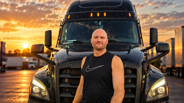 Dillon standing in front of his semi truck at sunset.